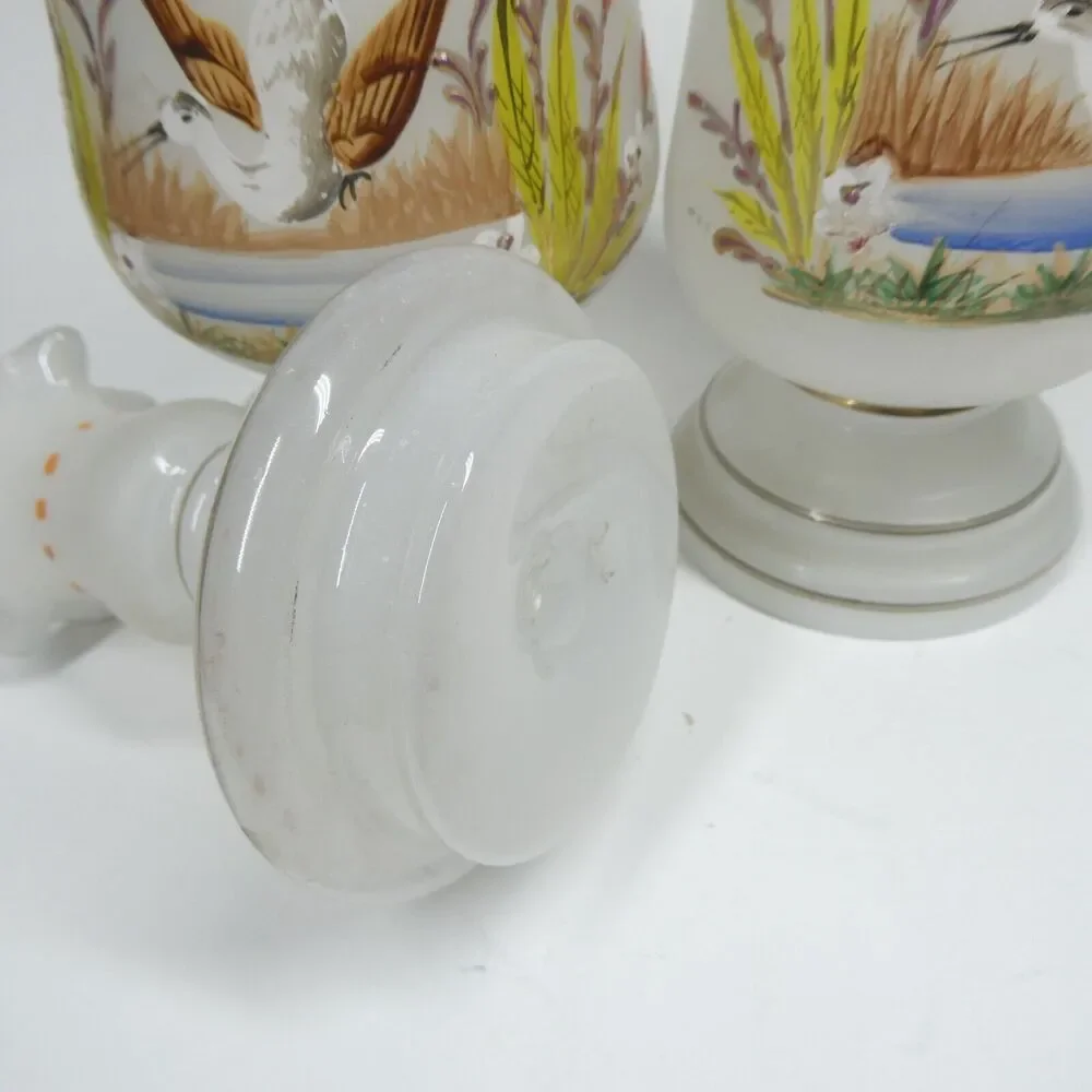 Handpainted Ducks Birds Frosted Glass Decanter Jar Candle Holder Vintage